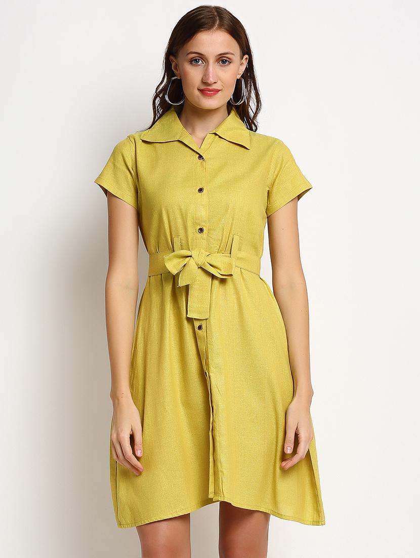 women green solid short sleeves shirt dress - 20375244 - Zoom Image - 0