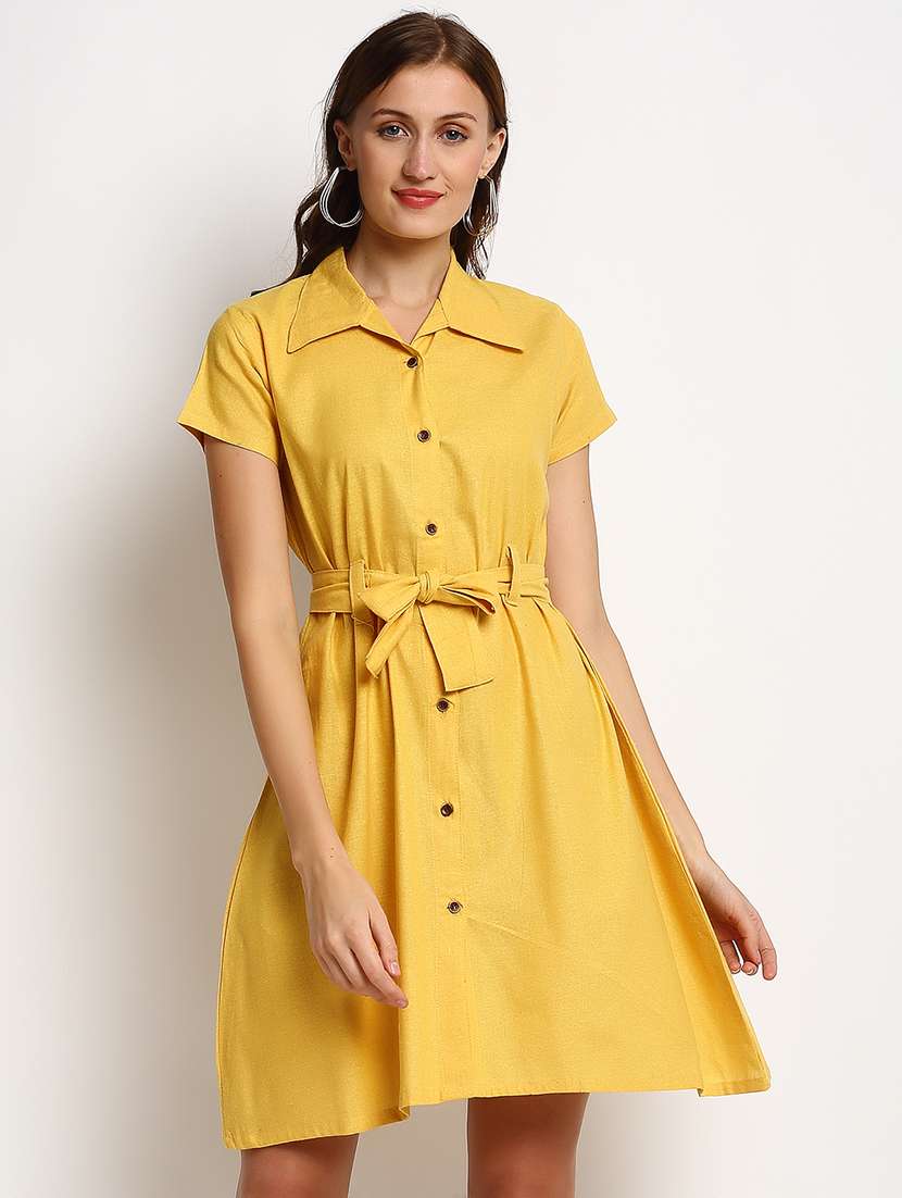 women yellow solid short sleeves shirt dress 