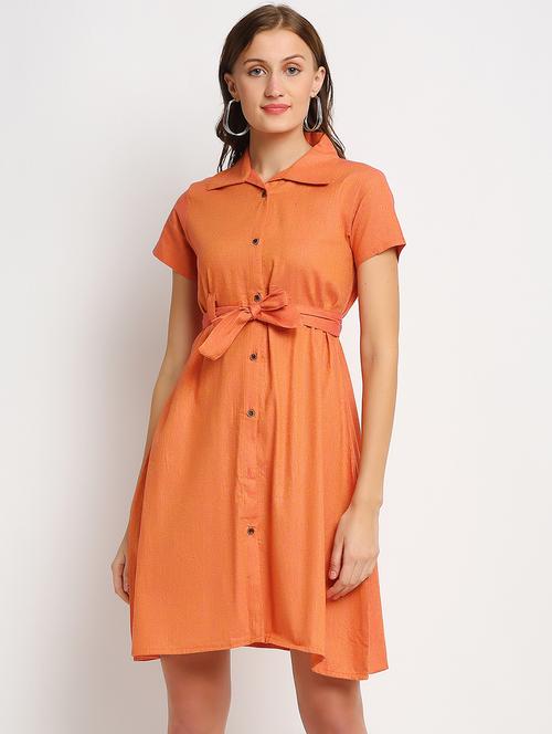 women orange solid short sleeves shirt dress - 20375247 - Standard Image - 0