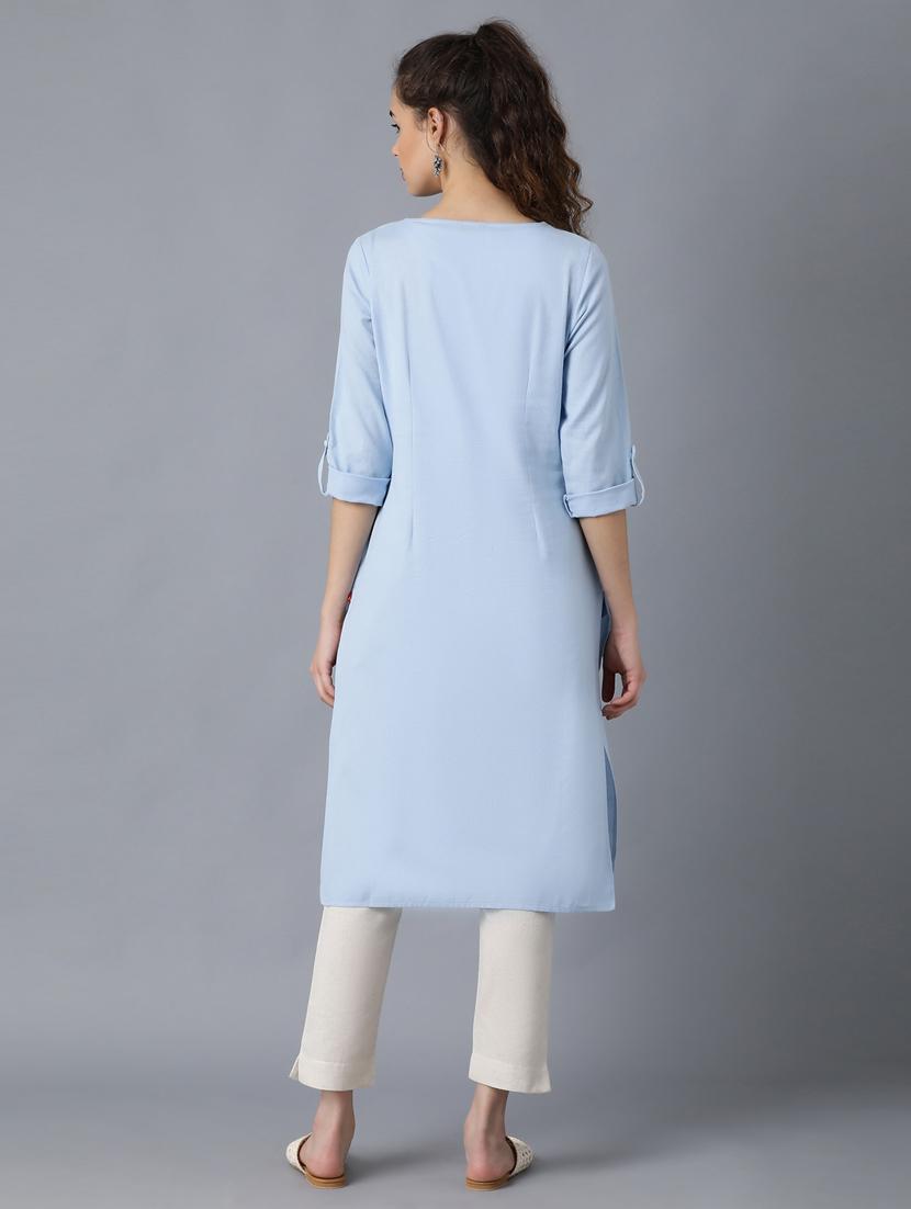 women light blue cotton straight kurta - 20375248 - Standard Image - 2