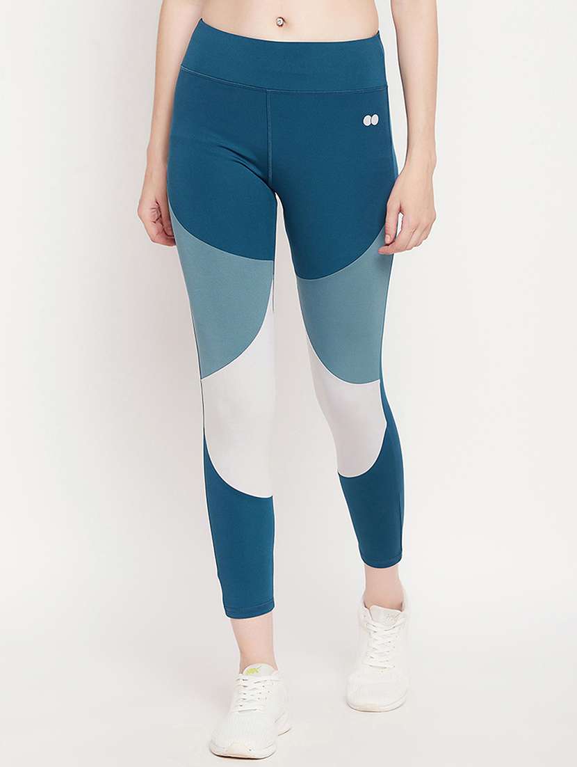 blue color blocked ankle length legging