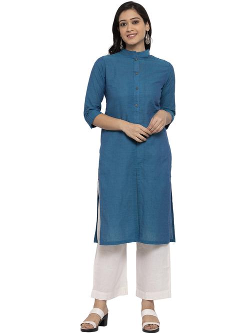 blue solid mandrain neck straight kurta - 20376004 -  Standard Image - 0