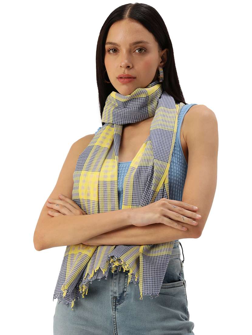 handwoven yellow, blue & white cotton checkered scarf