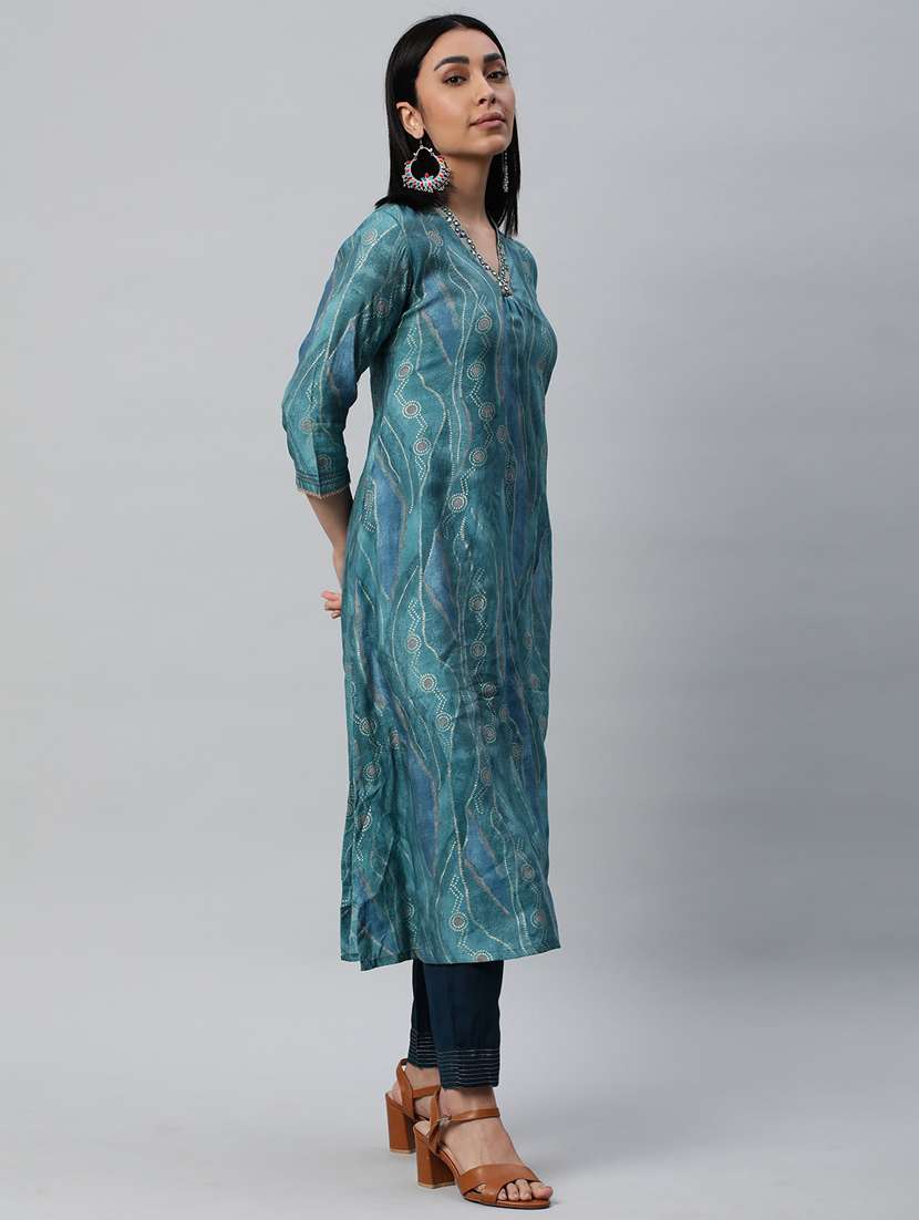 women blue v-neck a-line kurta - 20376194 -  Standard Image - 2