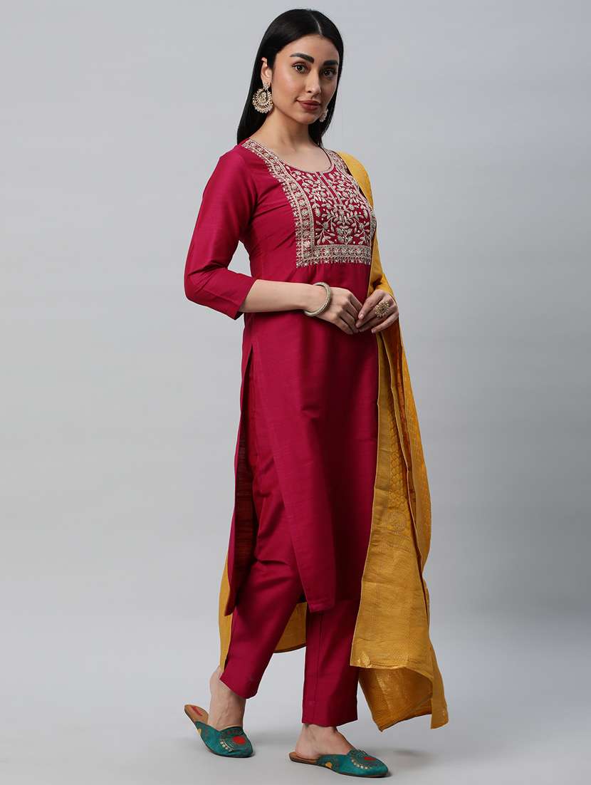 women magenta round neck kurta pant set with dupatta - 20376650 - Standard Image - 2