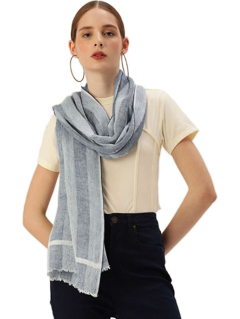 handwoven blue striped cotton linen scarf