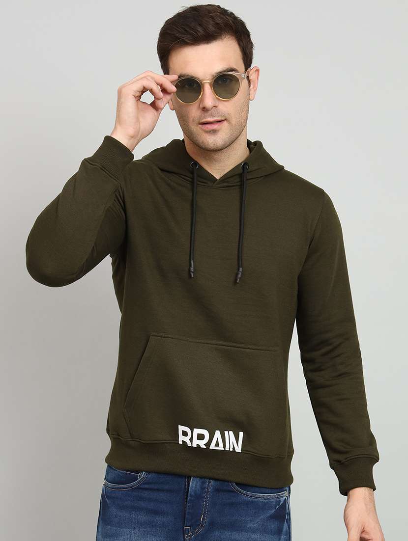 men olive hooded placement printed sweatshirt