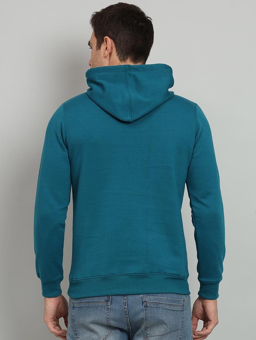 men typography print teal fleece hooded chest print sweatshirt - 20377771 - Standard Image - 2