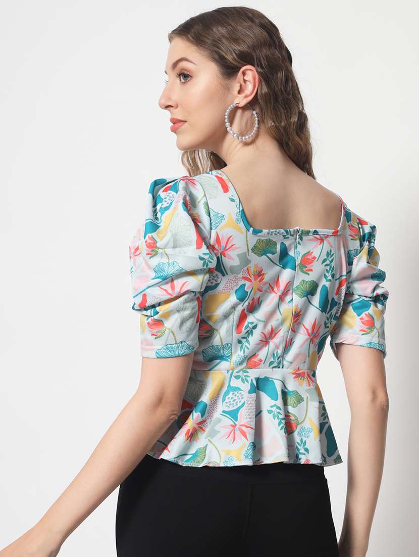 light blue quirky print puff sleeves peplum top - 20381531 -  Standard Image - 2