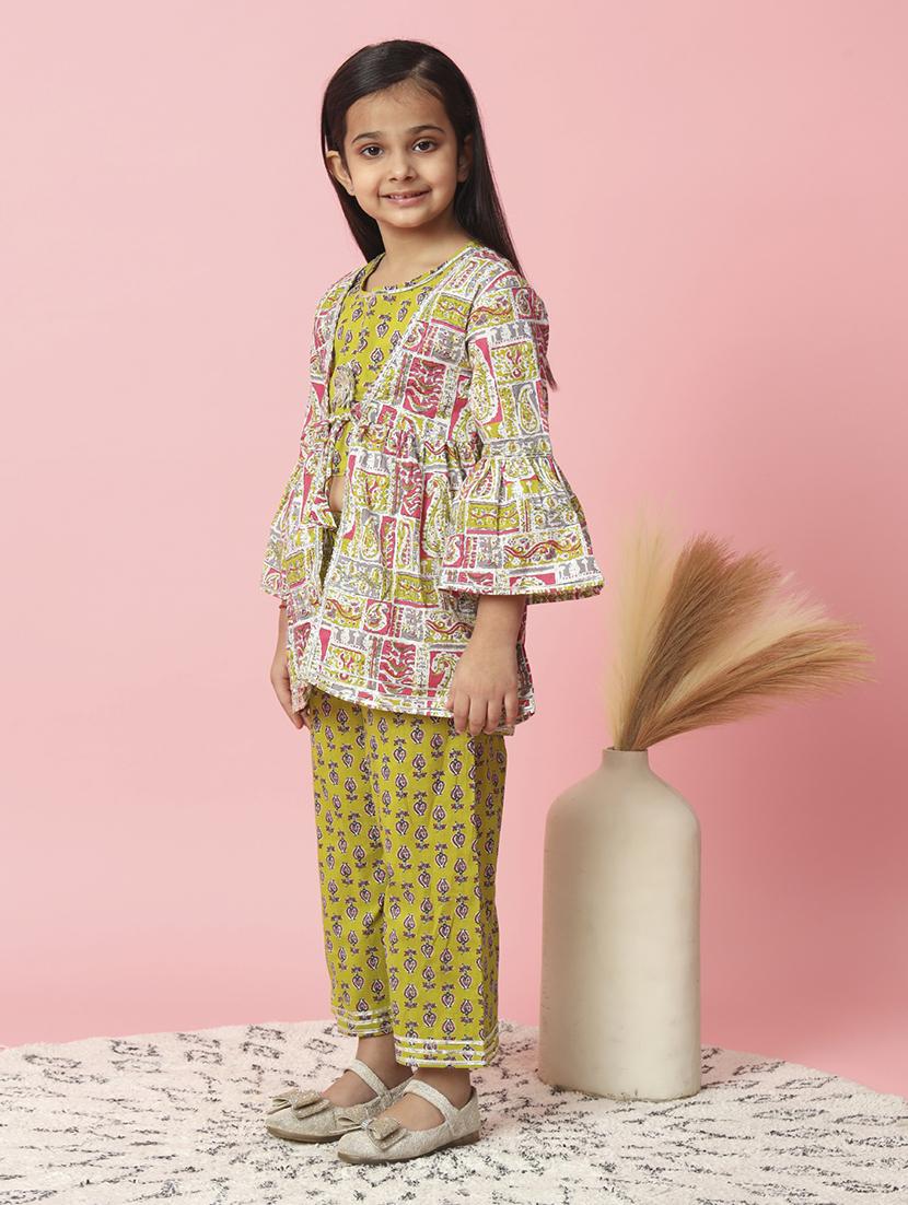 olive printed top pant with shrug set - 20381541 - Standard Image - 2