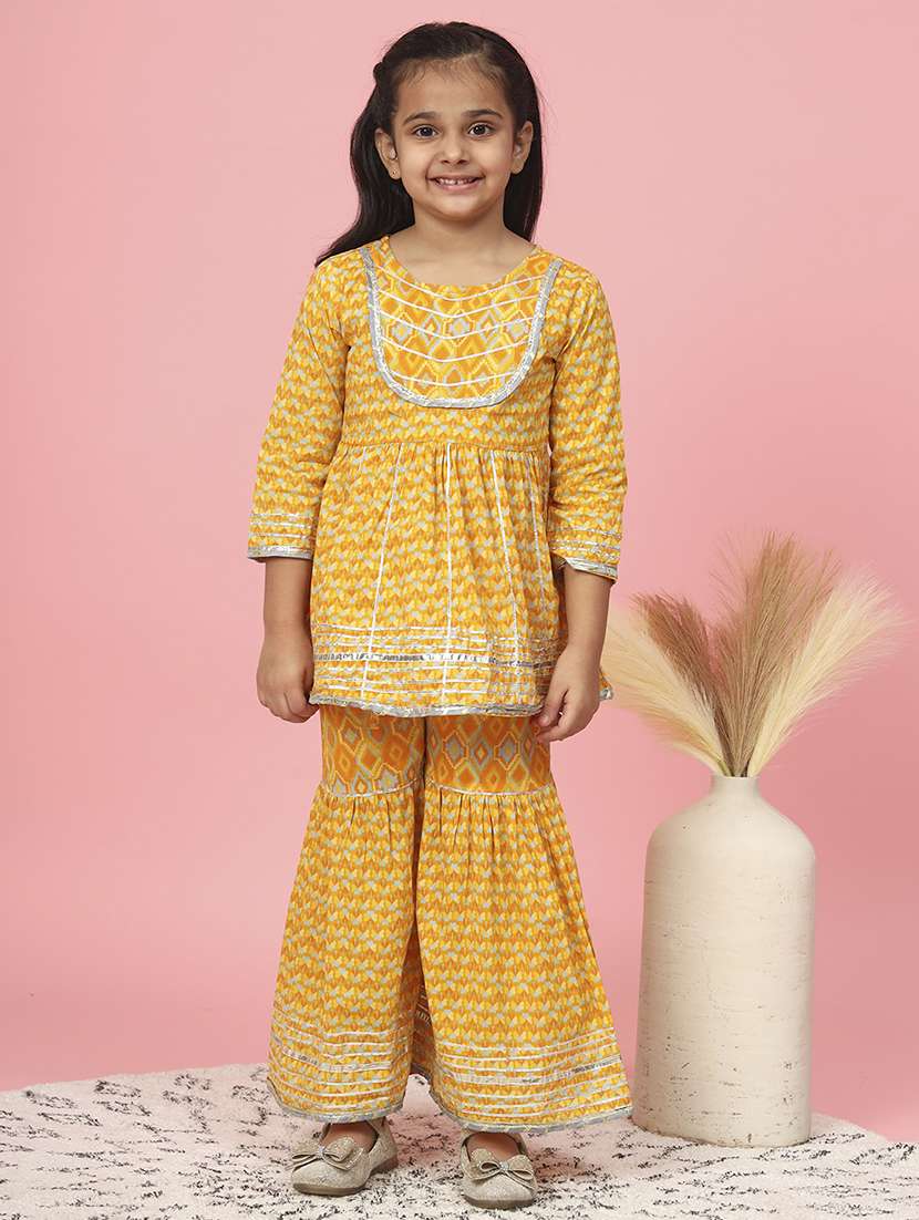 yellow printed kurta sharara set