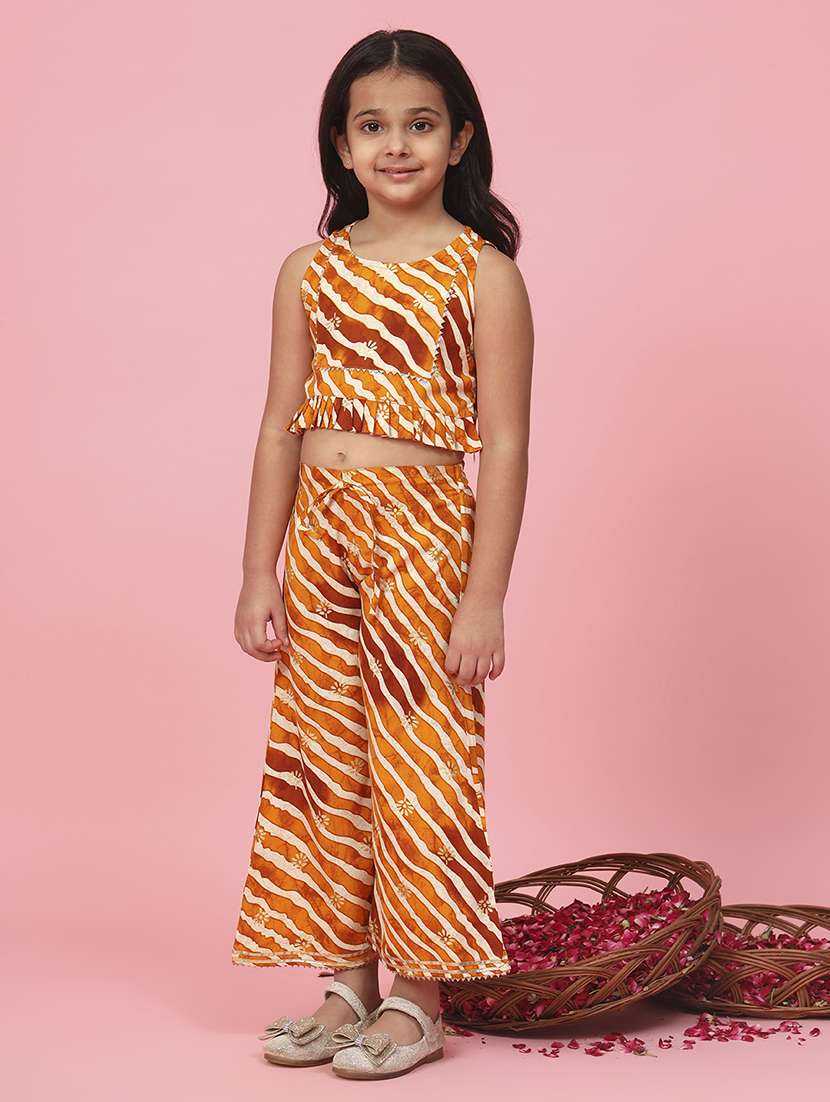 girls leheriya print orange viscose suit set  - 20381552 -  Standard Image - 2