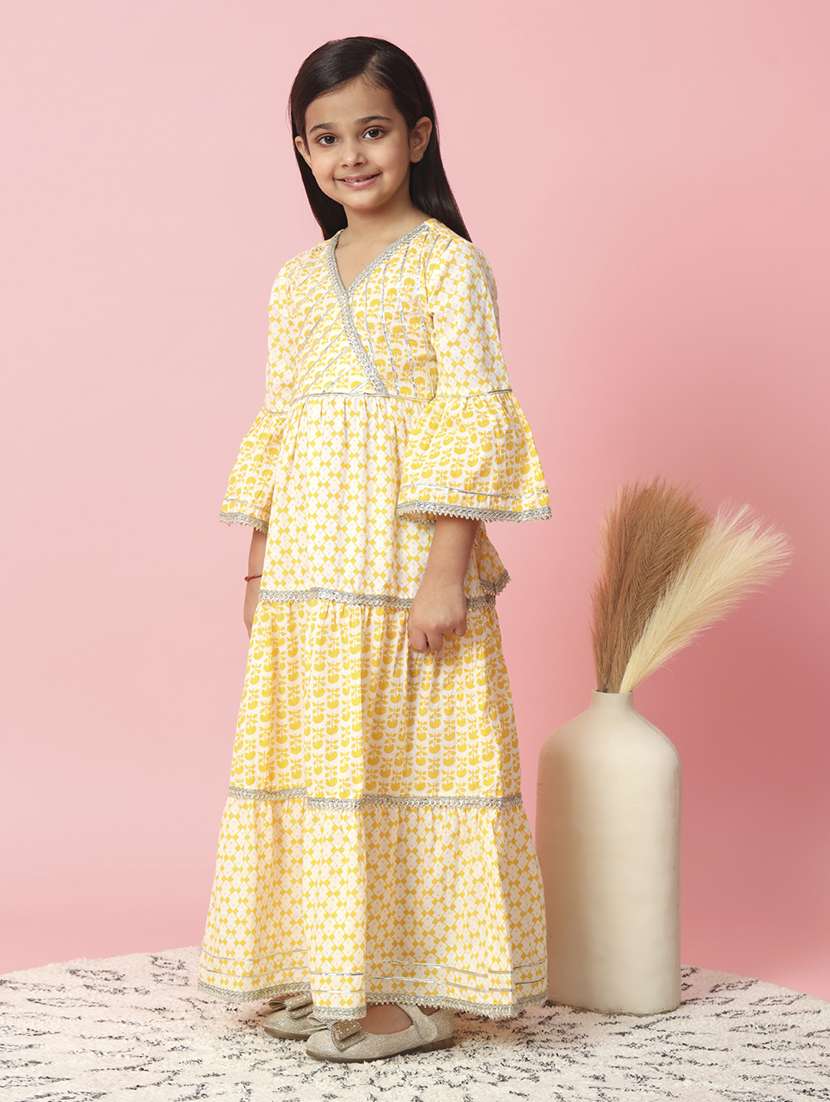 girls yellow v-neck florals party gown - 20381579 -  Standard Image - 2