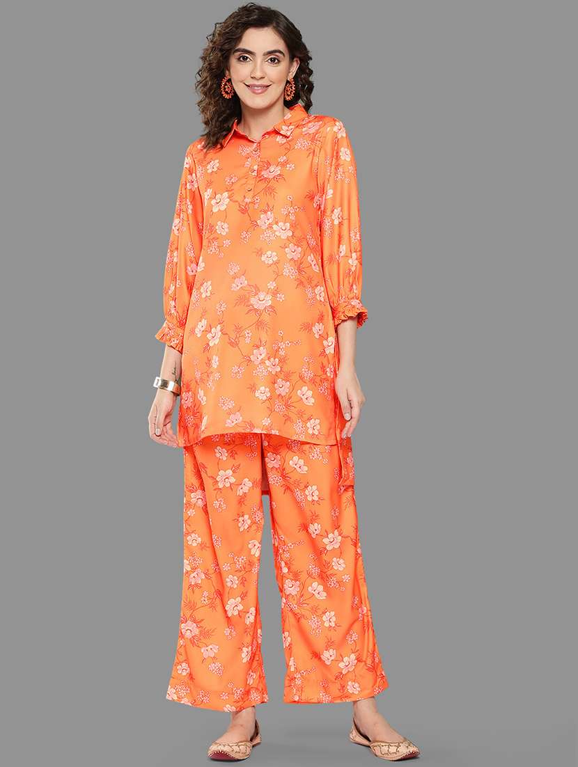 women orange shirt collar kurta palazzo set