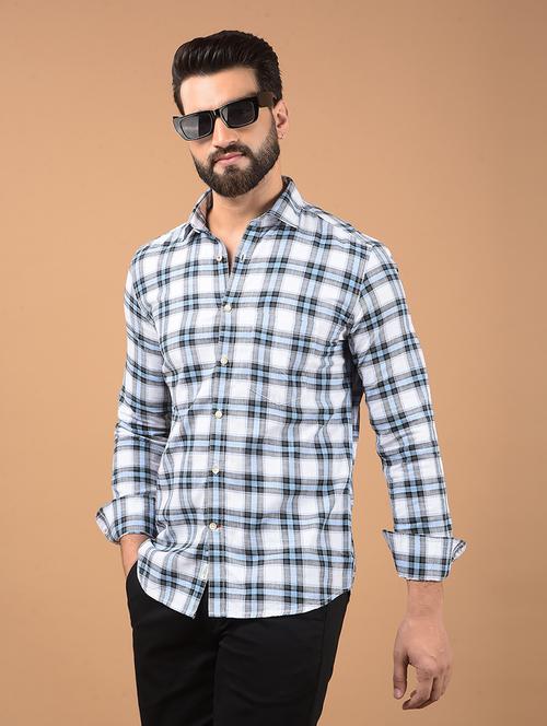 men white checkered cotton short kurta - 20381769 - Standard Image - 0