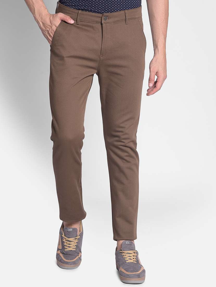 men brown solid cotton slim fit casual trouser