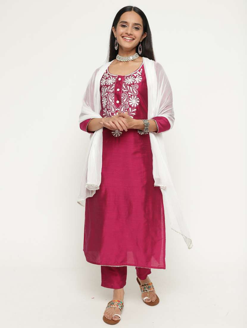 women three quarter sleeve kurta pant with dupatta set