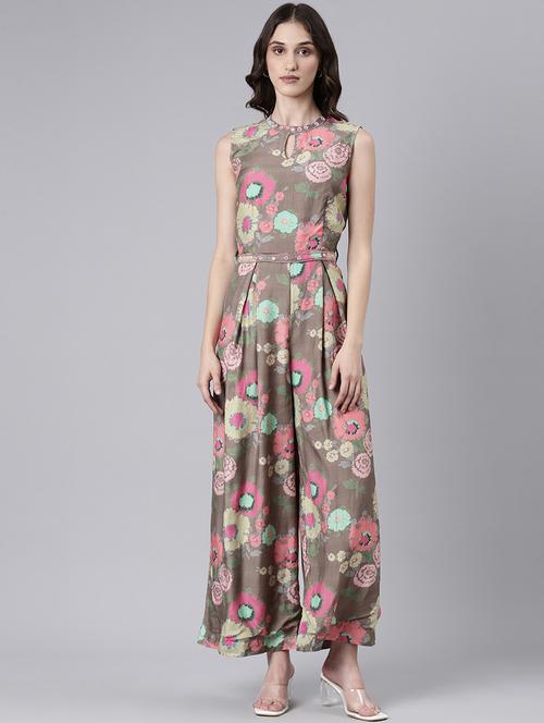 taupe floral full leg jumpsuit - 20382740 -  Standard Image - 0
