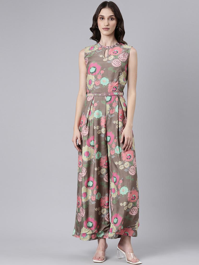 taupe floral full leg jumpsuit - 20382740 -  Zoom Image - 0