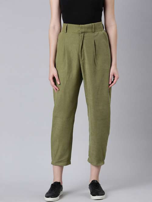 women solid cotton pleated trouser - 20382912 - Standard Image - 0