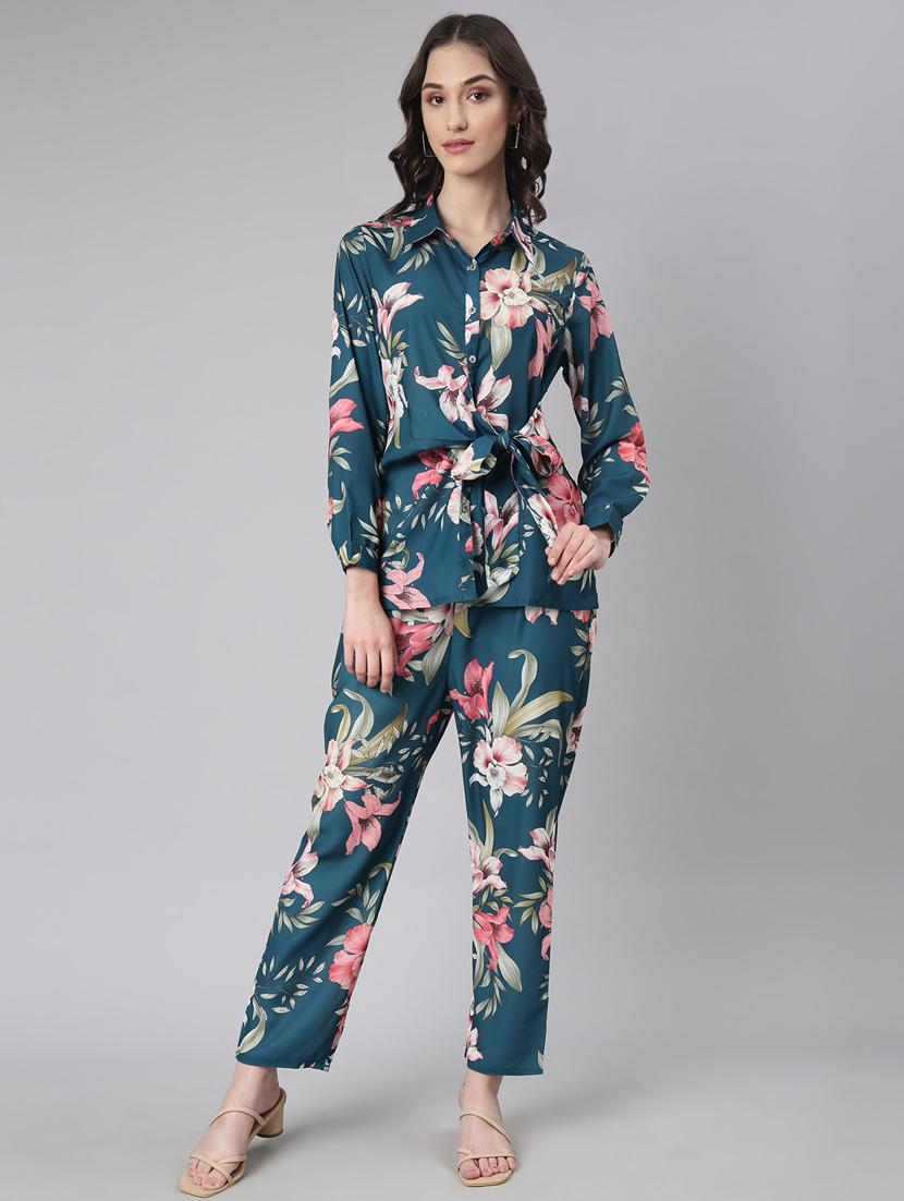 blue floral print shirt and trouser co-ord set