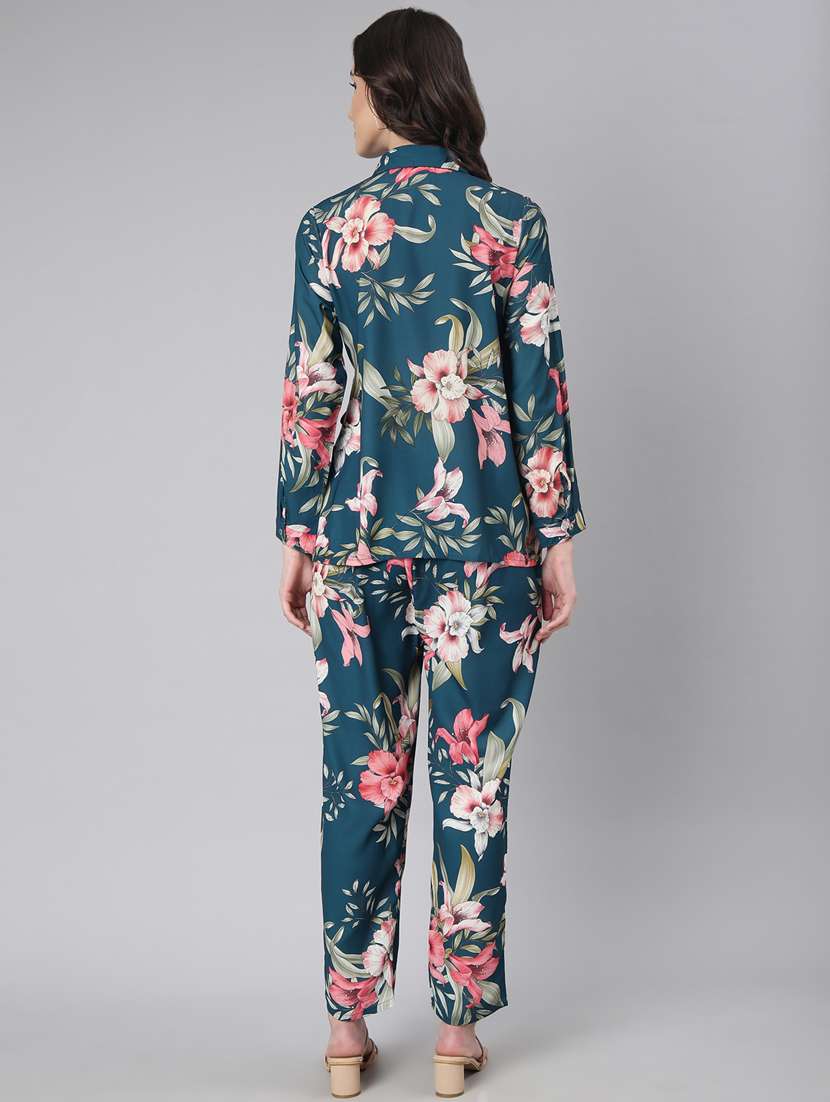 Blue Floral Print Shirt And Trouser Co Ord Set