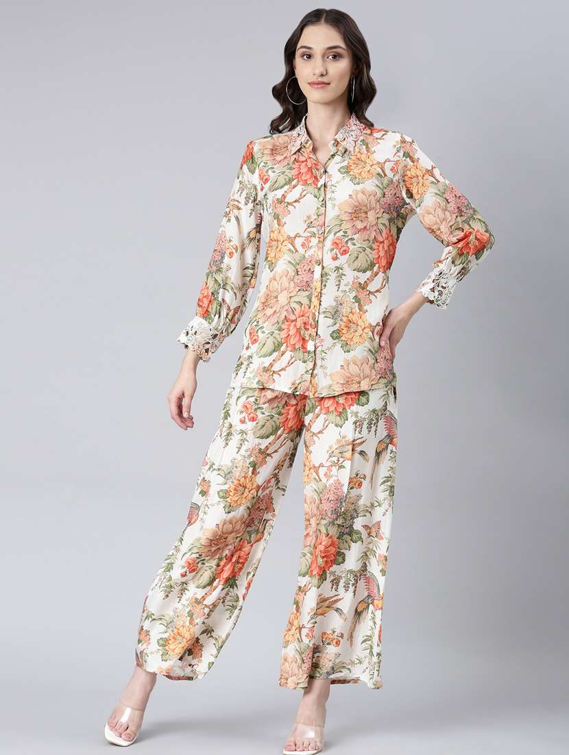 optic white floral shirt and trouser co-ord