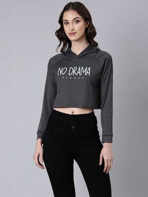 women charcoal typographic print hooded cotton crop t-shirt - 20383014 - Standard Image - 0