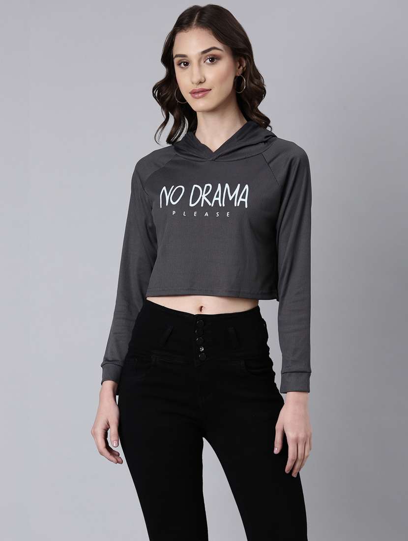 women charcoal typographic print hooded cotton crop t-shirt - 20383014 - Zoom Image - 0