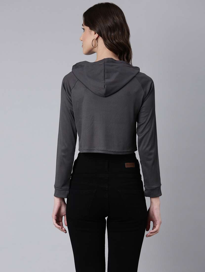 women charcoal typographic print hooded cotton crop t-shirt - 20383014 - Standard Image - 2