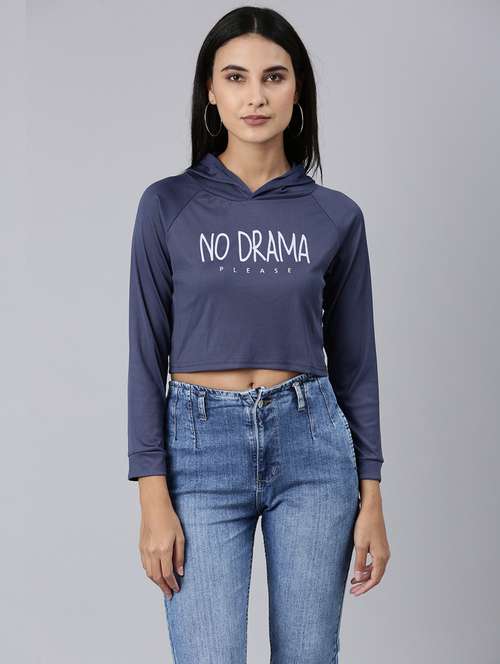 women typography print hooded navy blue cotton crop t-shirt - 20383015 - Standard Image - 0