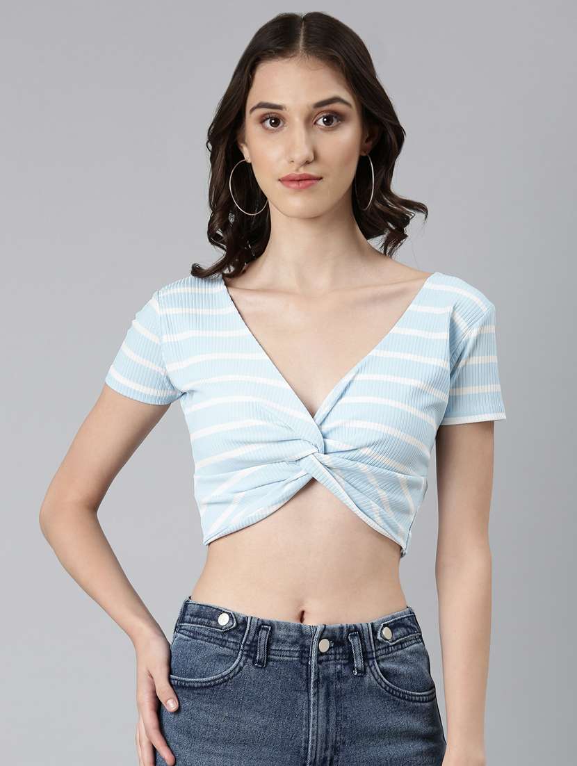 women blue striped cotton blouson top