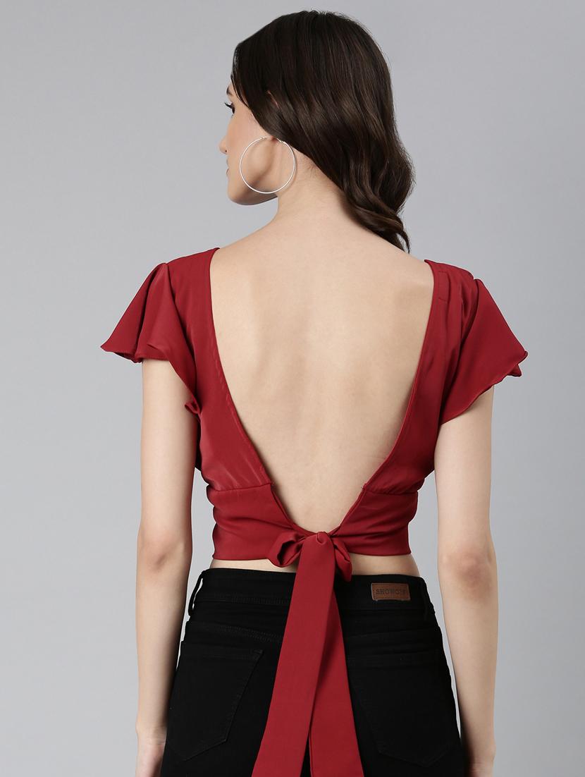 maroon solid open back & tie top - 20383045 - Standard Image - 2