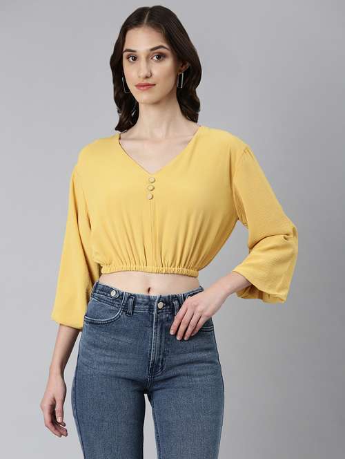 yellow solid v neck crop top - 20383049 - Standard Image - 0