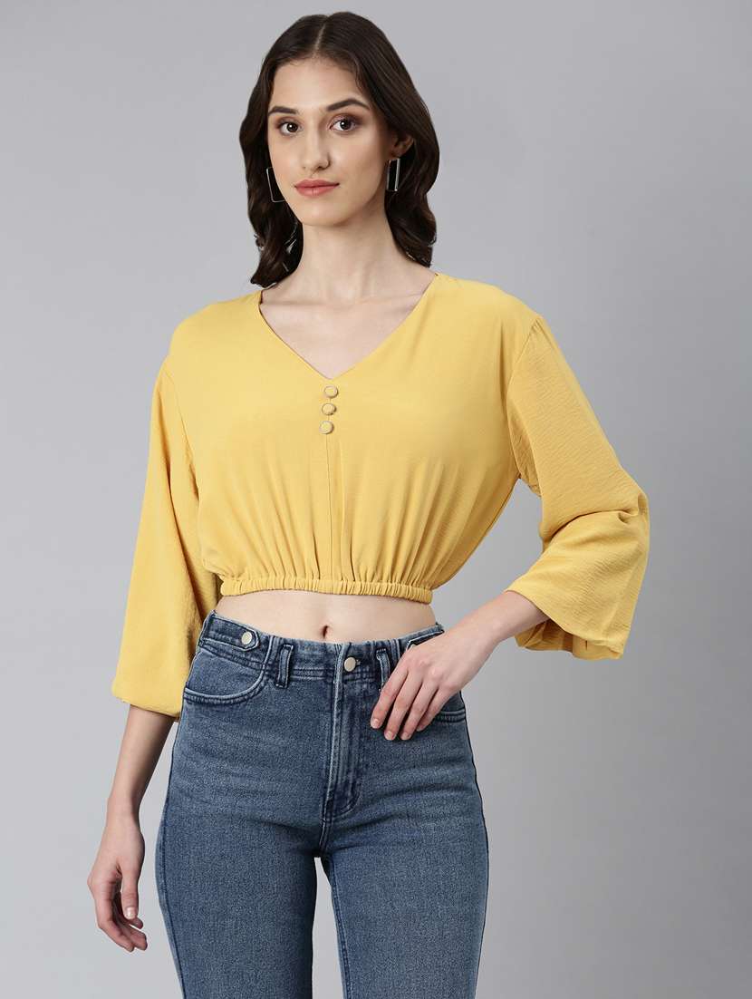 yellow solid v neck crop top - 20383049 - Zoom Image - 0