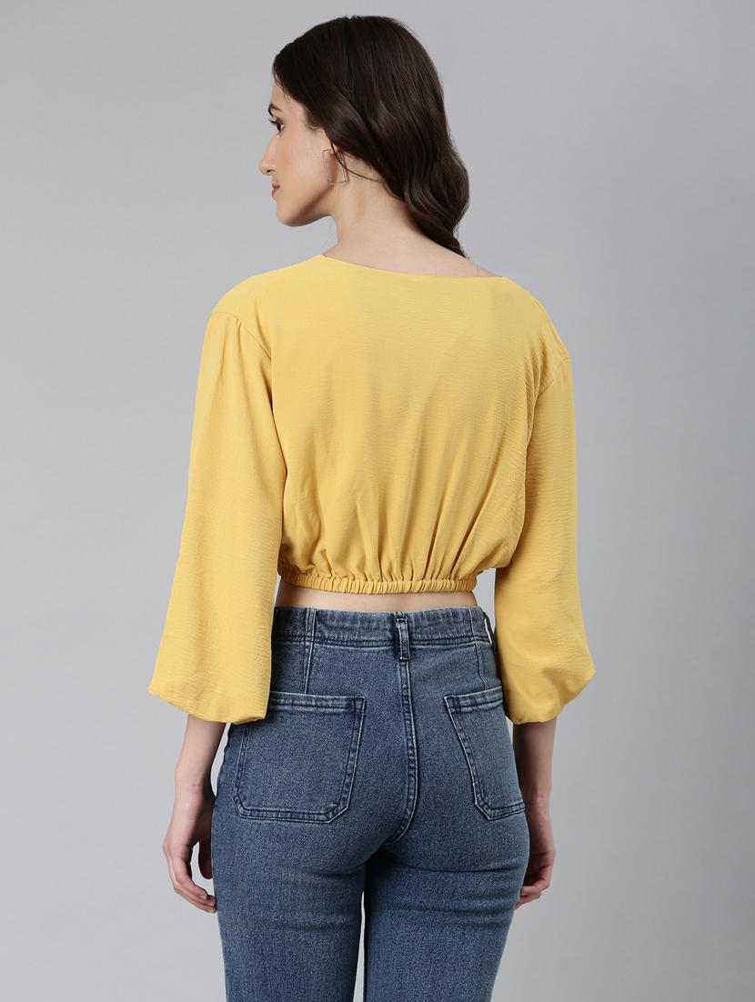 yellow solid v neck crop top - 20383049 - Standard Image - 2