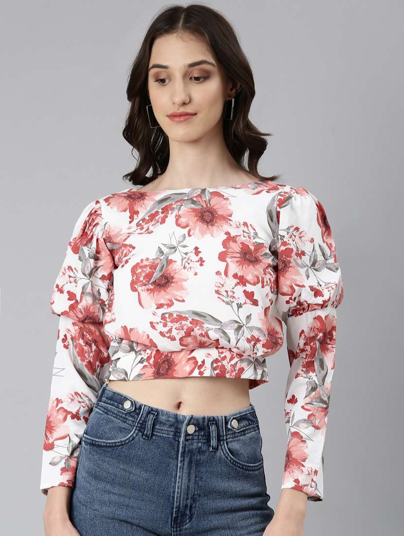 women multi color printed crepe blouson top with juliet sleeve