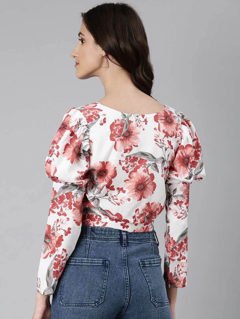 women multi color printed crepe blouson top with juliet sleeve - 20383053 -  Standard Image - 2