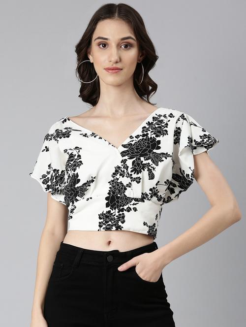 women floral print flared sleeves backless top - 20383058 - Standard Image - 0