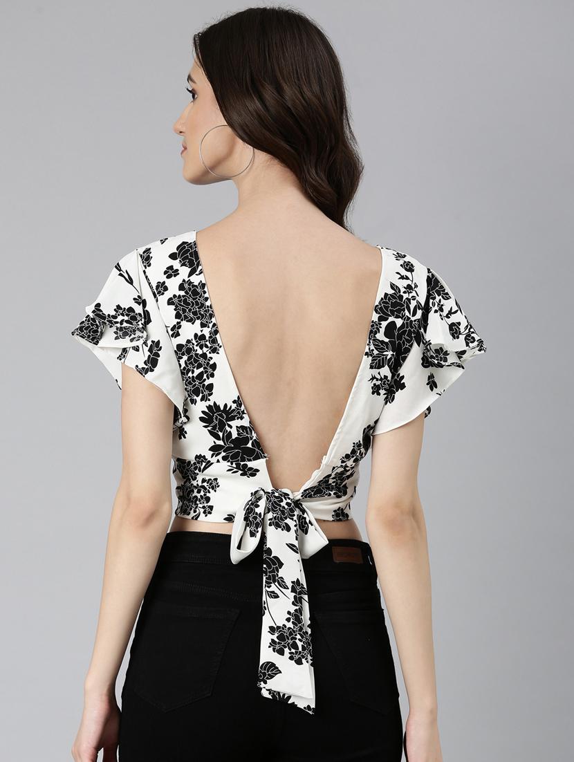 women floral print flared sleeves backless top - 20383058 - Standard Image - 2