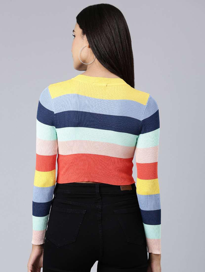 women round neck striped crop top - 20383089 -  Standard Image - 2