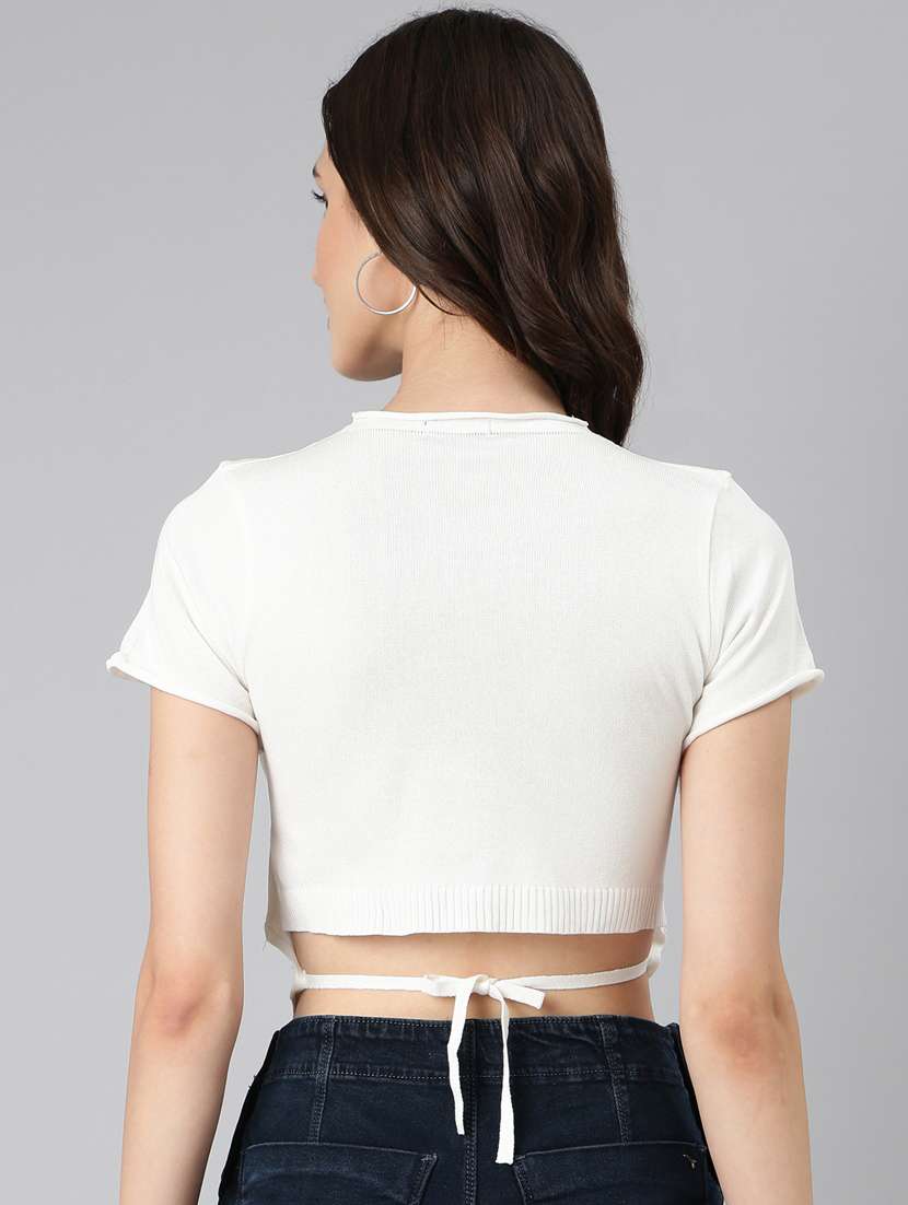 women round neck solid crop top - 20383109 -  Standard Image - 2