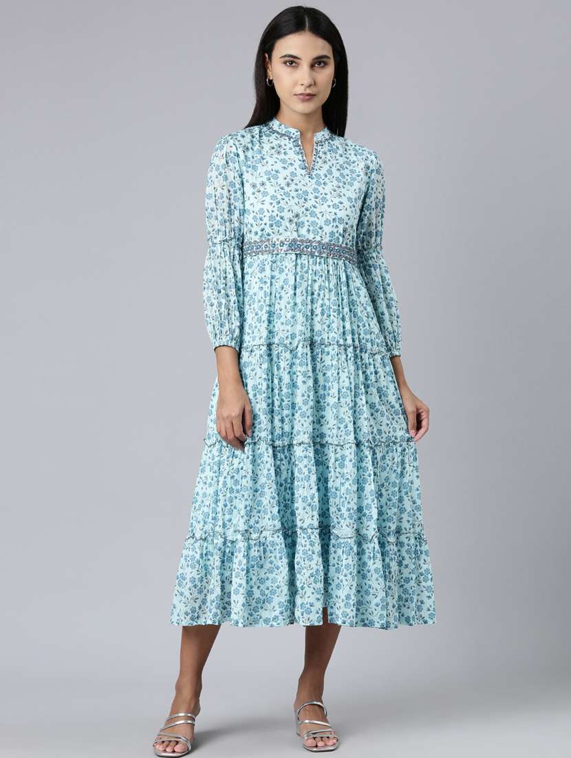 women blue cotton fit & flare dress
