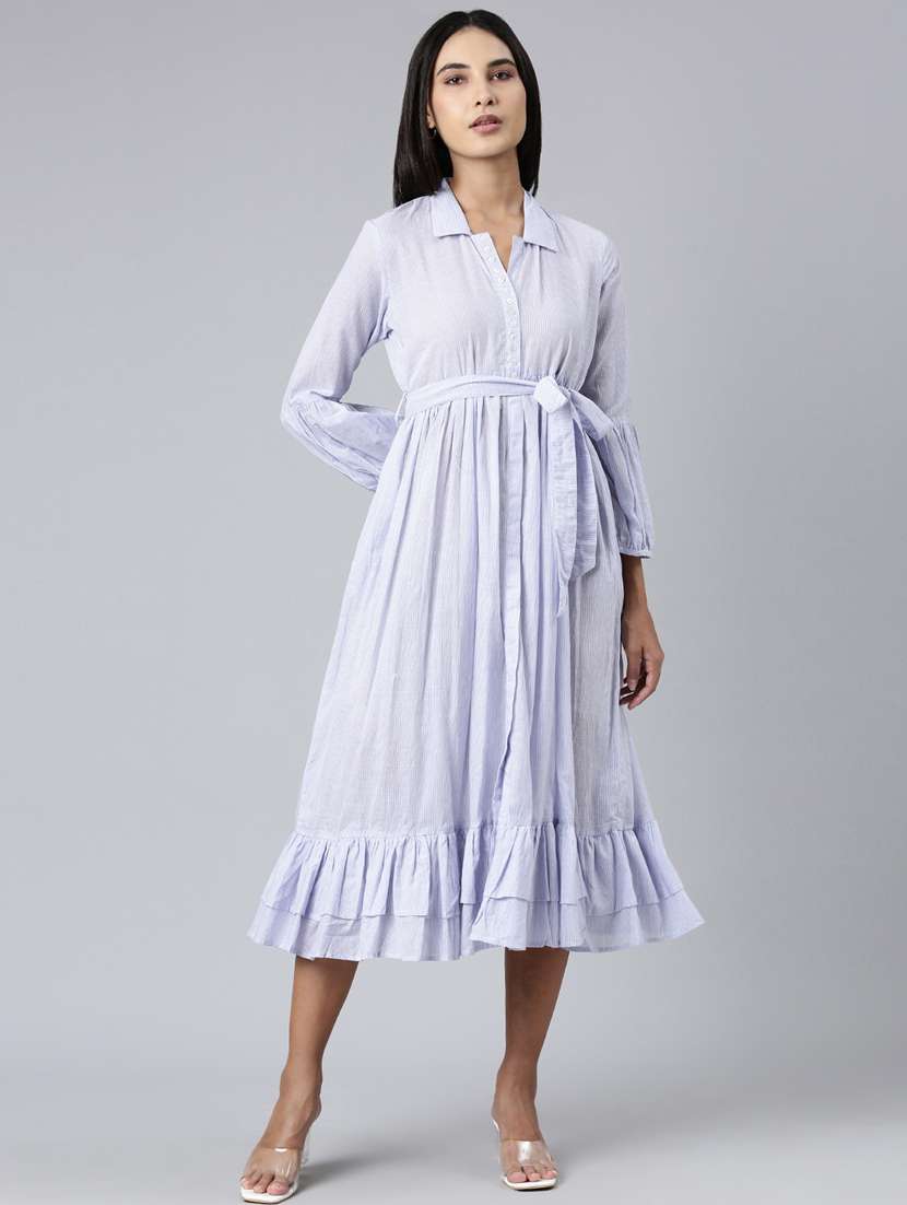 women lavender striped tiered dress