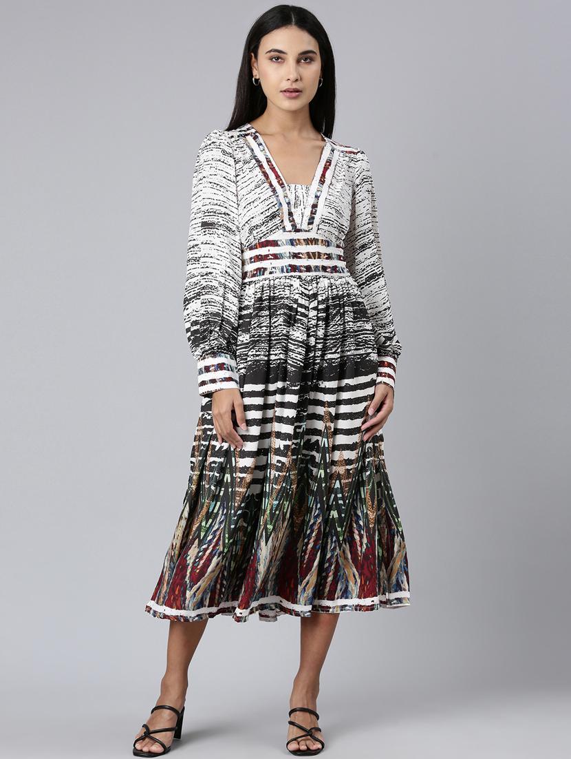 women mutli color printed georgette fit & flare dress - 20383303 -  Zoom Image - 0