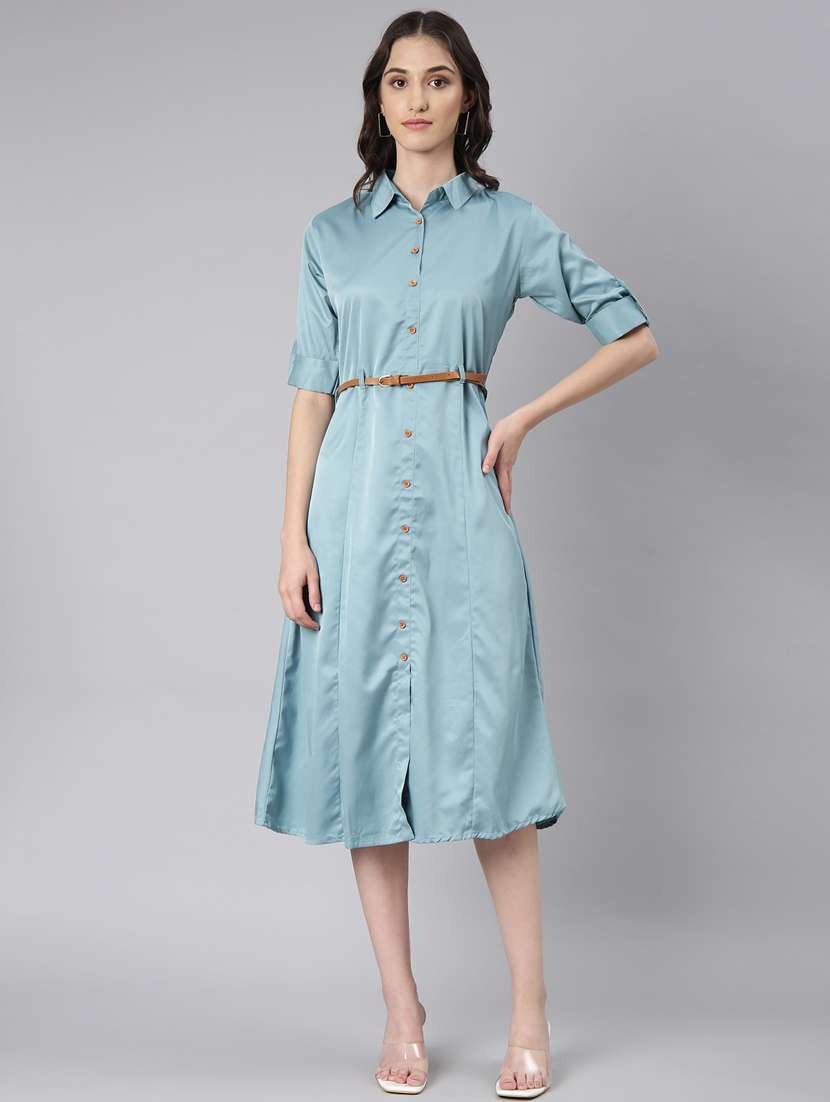 women teal cotton shirt dress