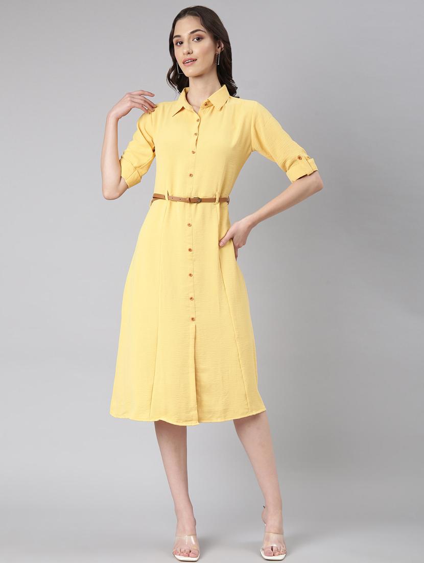 yellow solid shirt dress with belt