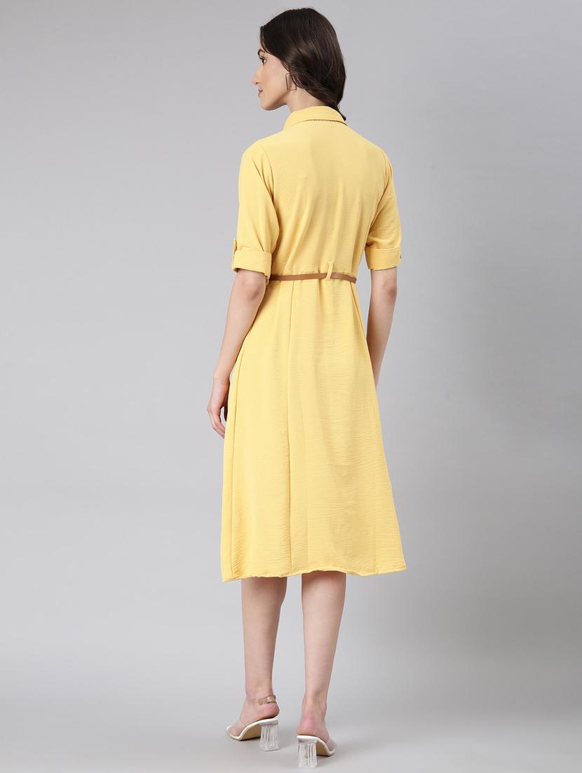 yellow solid shirt dress with belt - 20383321 - Standard Image - 2