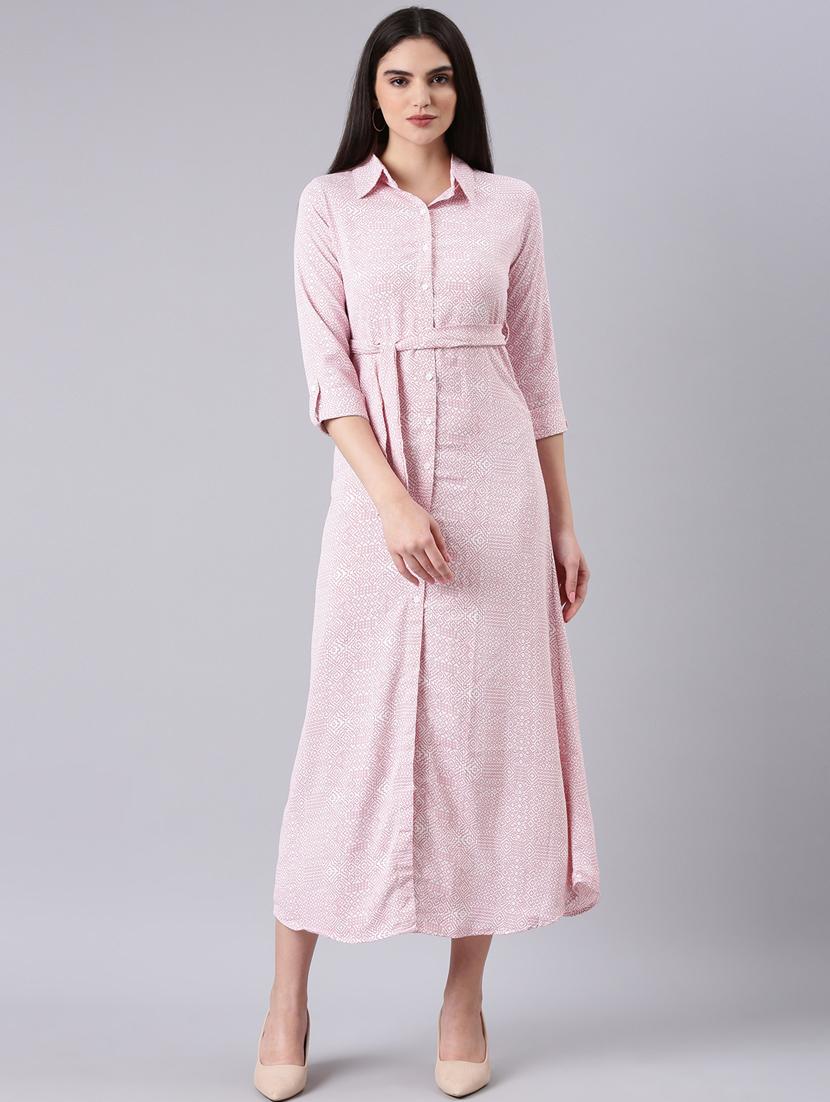 pink printed shirt dress with waist belt - 20383340 - Zoom Image - 0