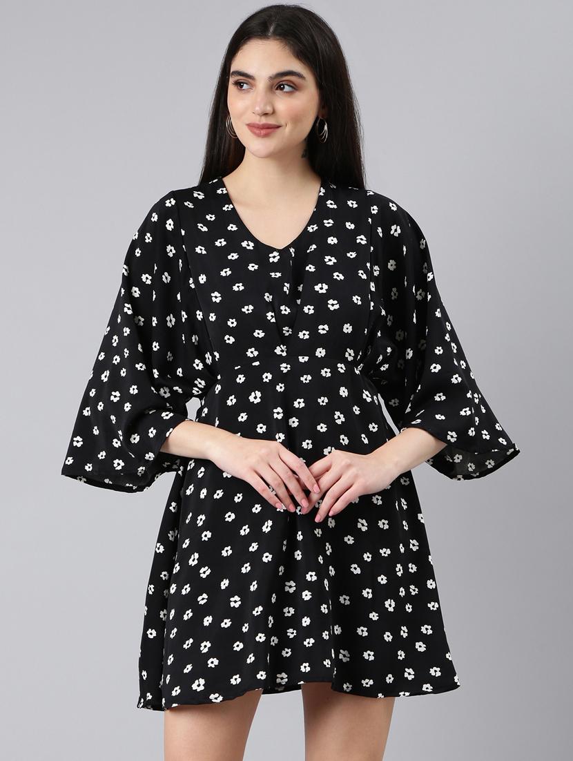 black floral print a-line dress - 20383346 -  Zoom Image - 0